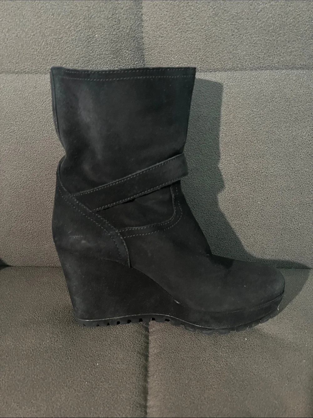 PRADA Black Suede Wedge Ankle Boots with Buckle Strap - Picture 3 of 8